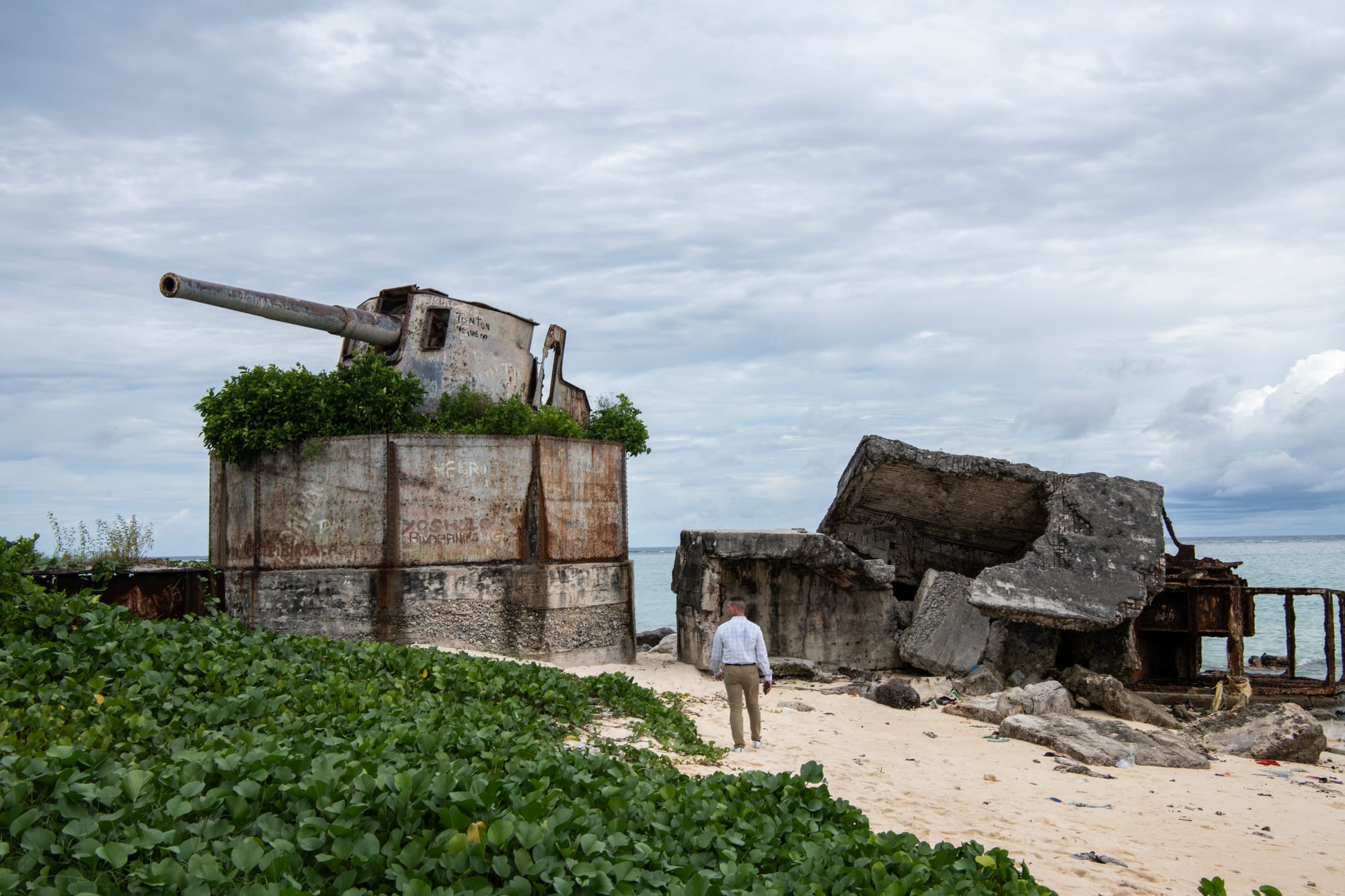 A large rusting naval gun on a concrete mount overgrown near a beach