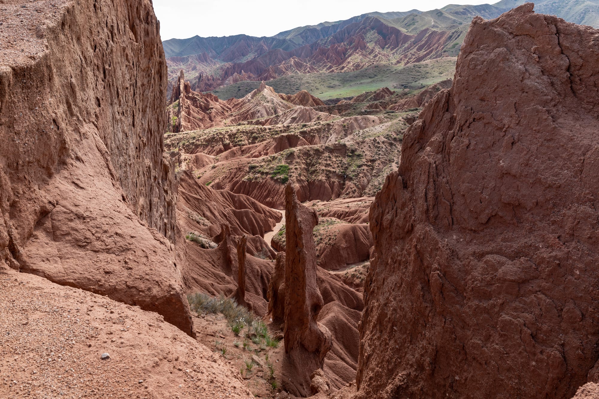 Eroded orange and red rock formations and gullies in a small desert canyon