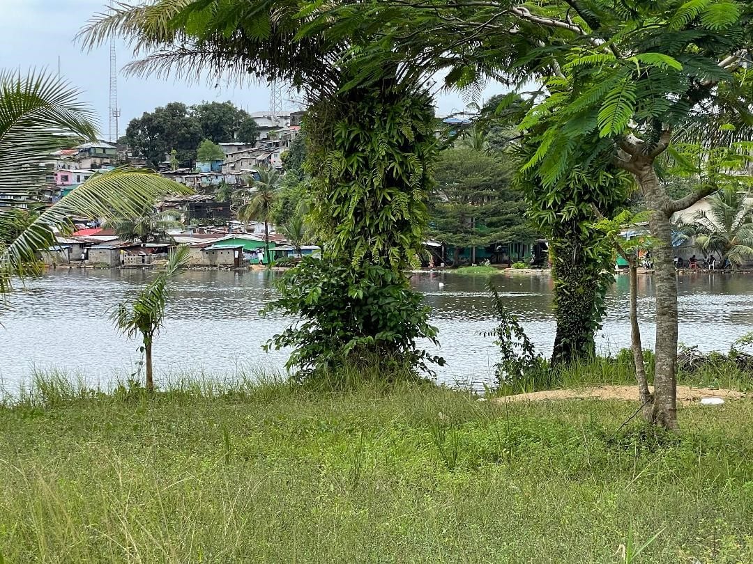 A view across a lagoon to a low-rise coastal city skyline