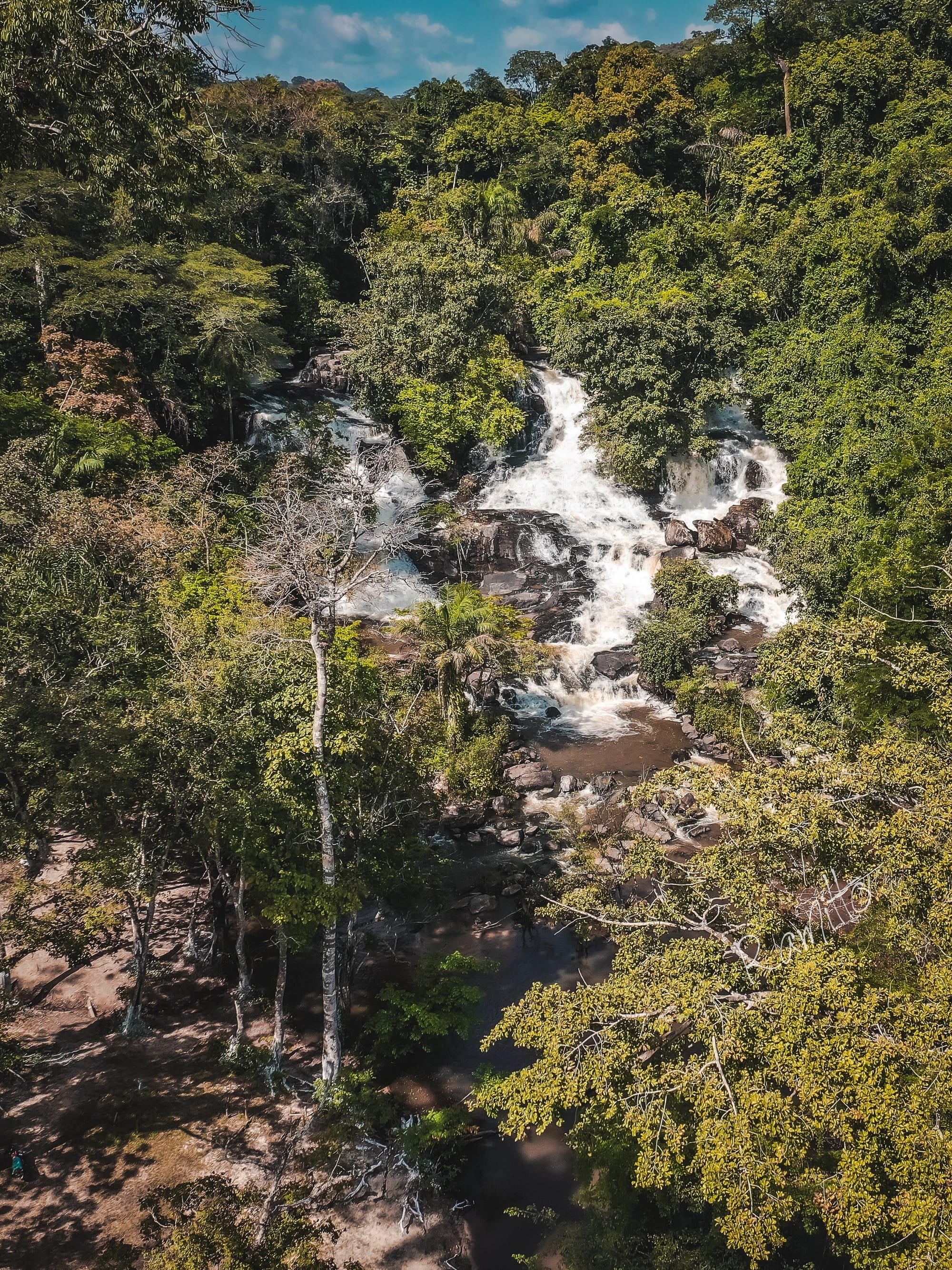 A wide waterfall spilling over a rock ledge into a pool surrounded by forest