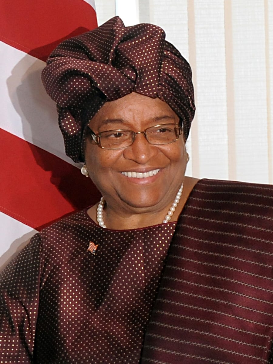 Ellen Johnson Sirleaf in a patterned headwrap and jacket, 2010