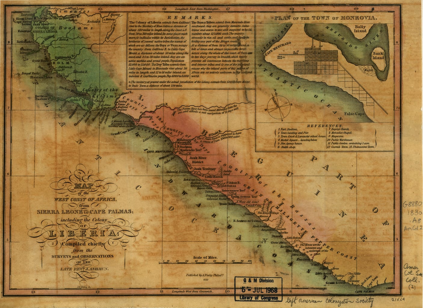 An 1830s map of the West African coast marking the new colony of Liberia