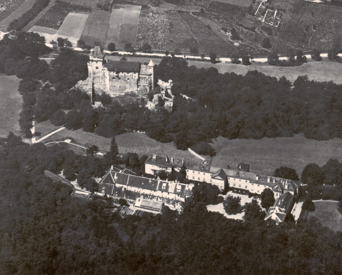 An aerial photograph of a large castle on a wooded ridge near Vienna