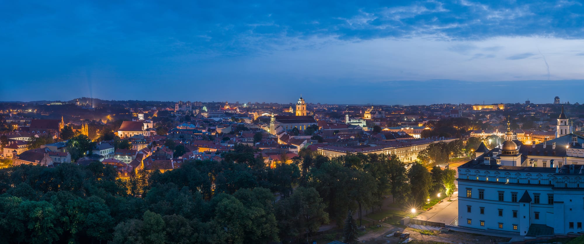 A hilltop tower and a skyline of church spires and red roofs above a river at dusk
