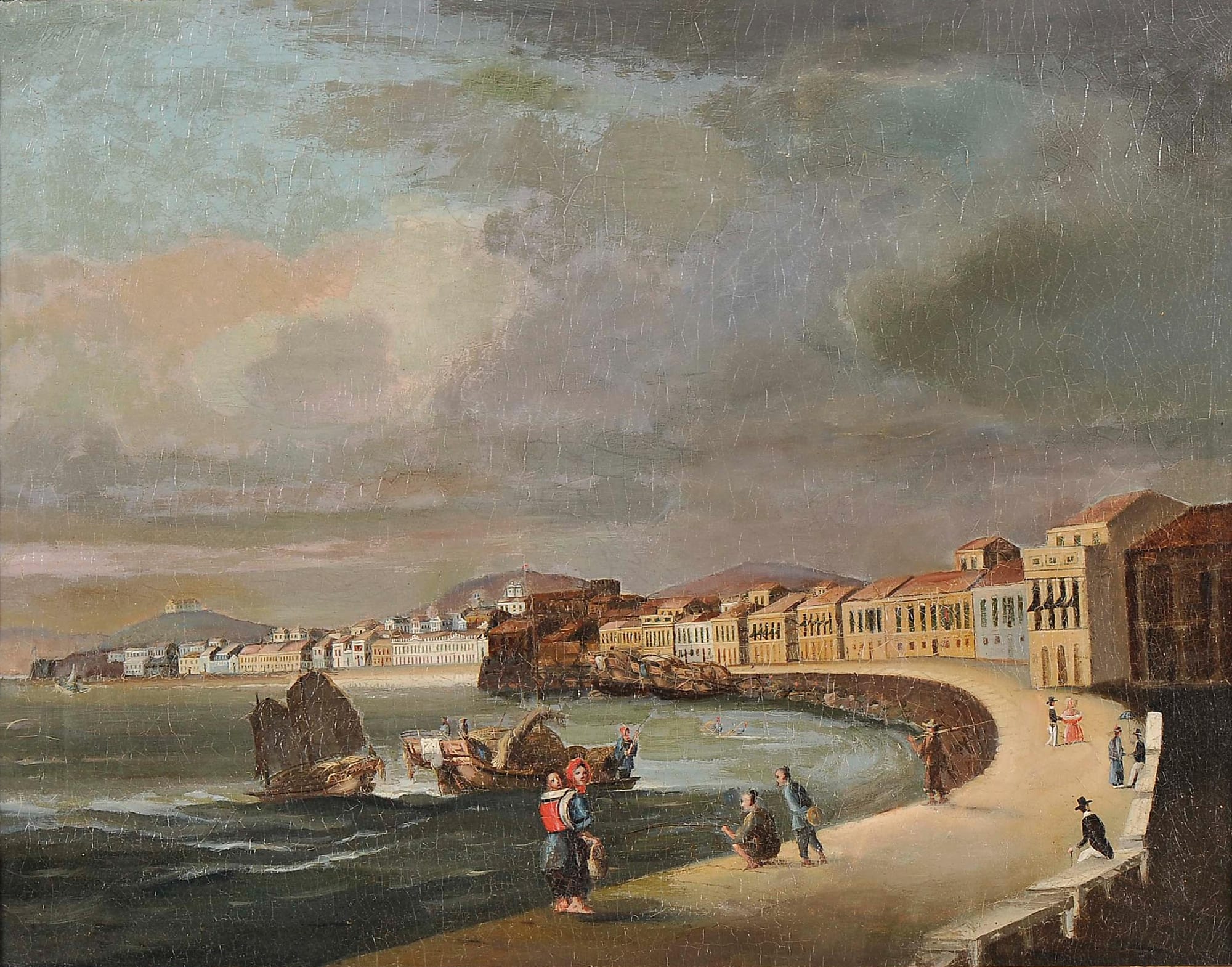 A 19th-century view of Macau's Praia Grande waterfront lined with colonial buildings and churches