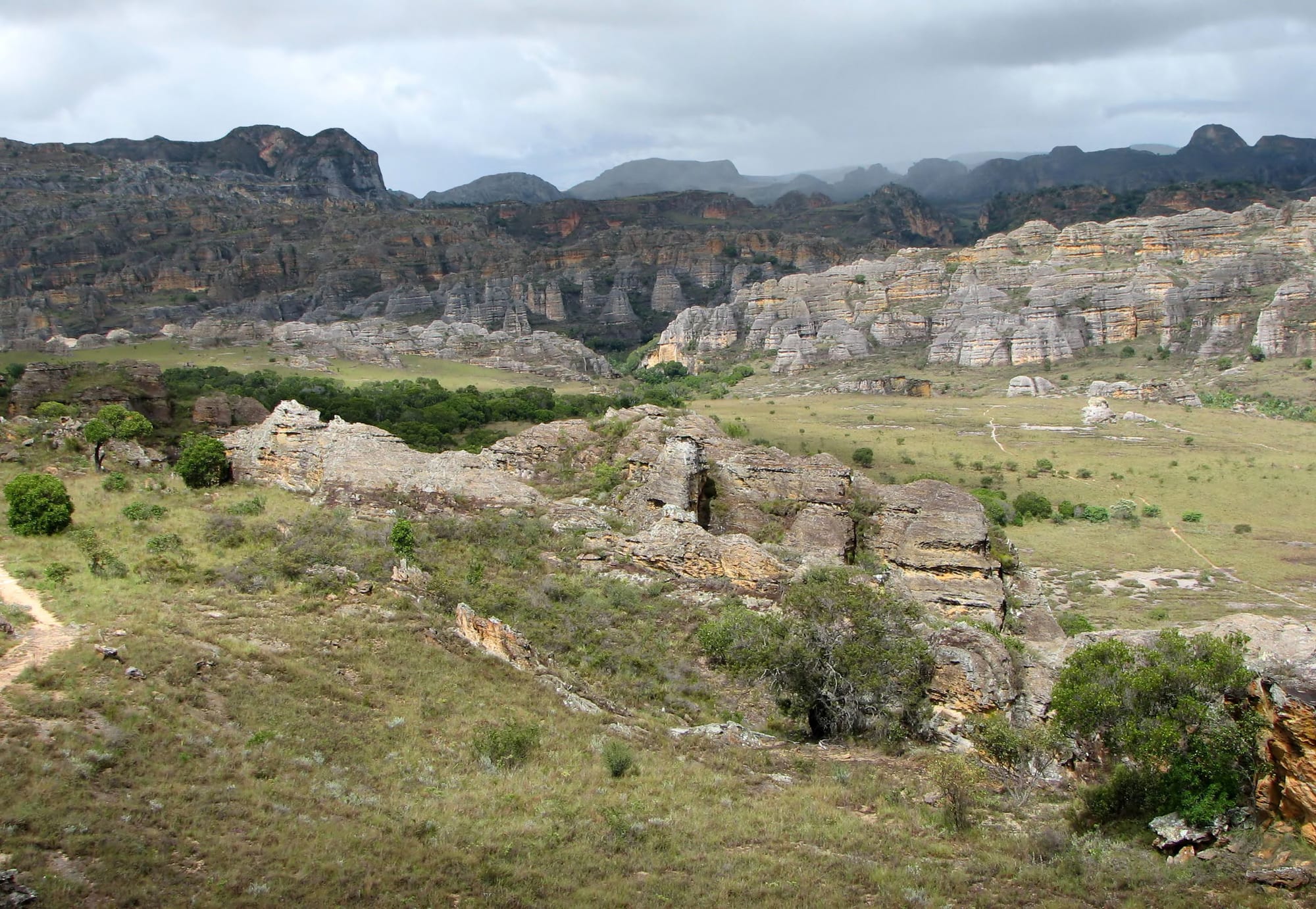 Eroded sandstone canyons and rock formations in a dry, open landscape