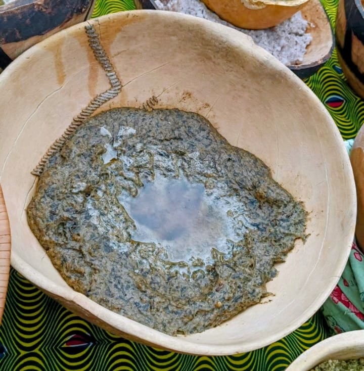 A thick, dark green sauce made from leaves