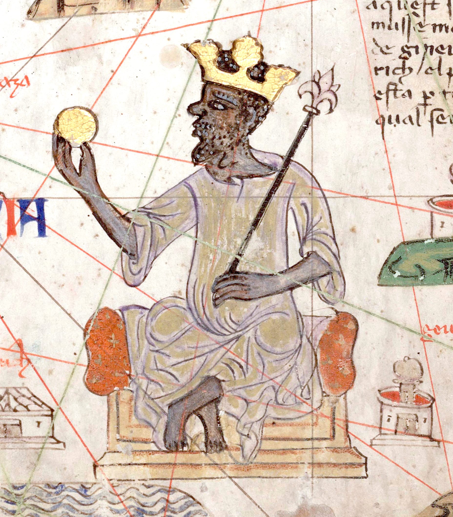 A detail from the 1375 Catalan Atlas showing an enthroned African king holding a gold nugget