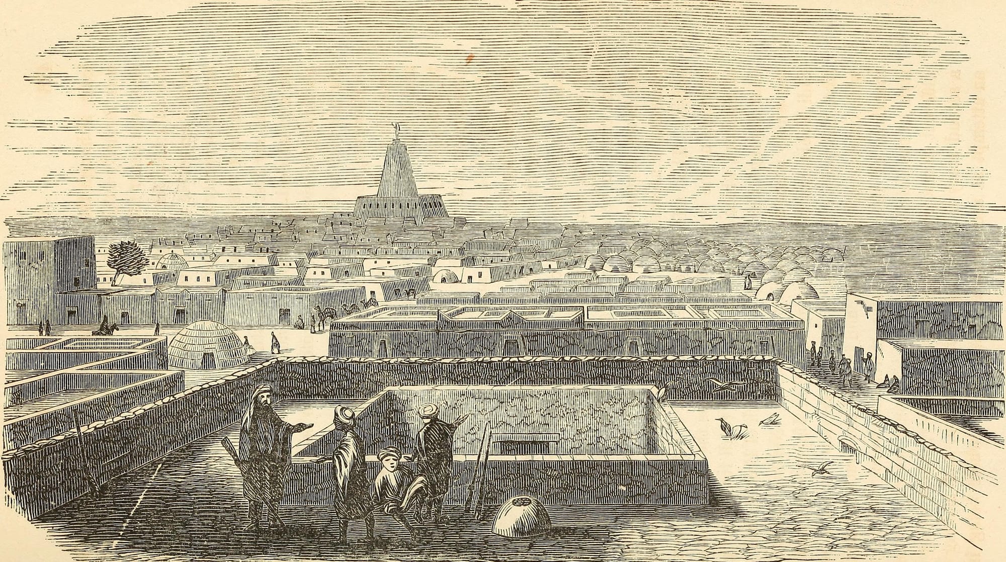 A 19th-century engraving of flat-roofed clay houses and round huts stretching to the horizon, with a tall tapering mosque tower rising above them and robed figures on a roof terrace in the foreground