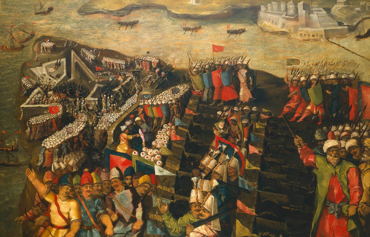 A 16th-century painting of the Ottoman fleet and army besieging the harbours and forts of Malta in 1565
