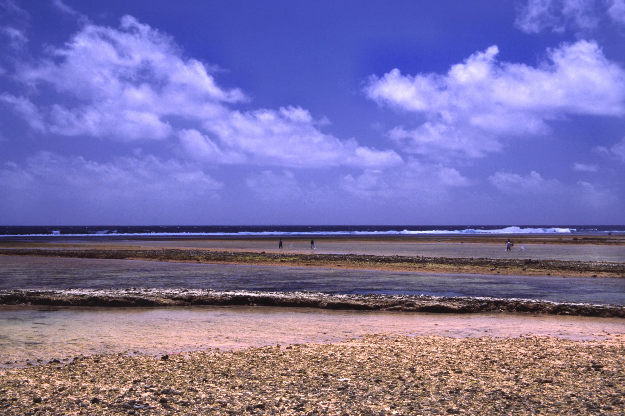 A narrow strip of palm-covered land dividing a turquoise lagoon from the open ocean