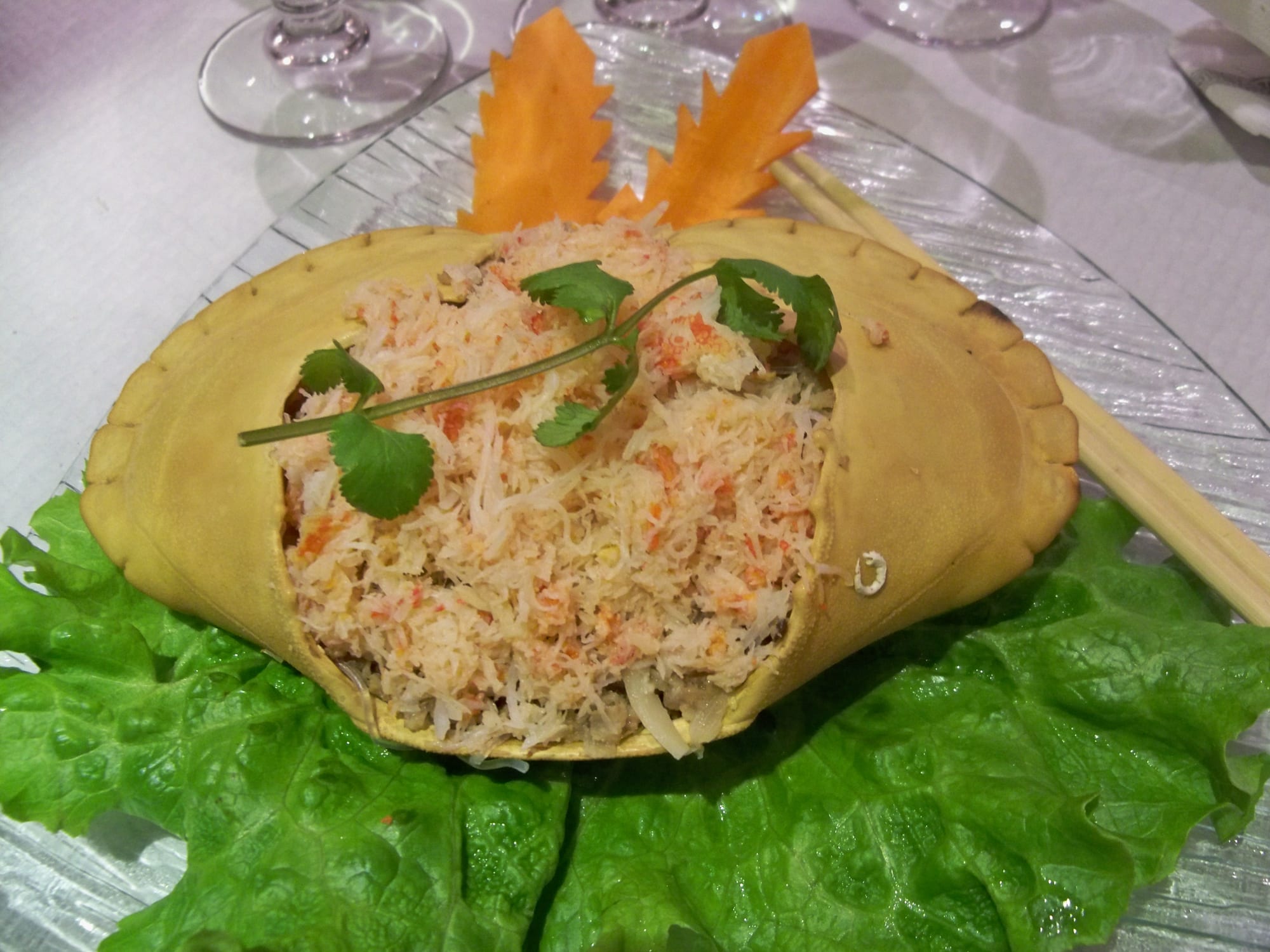 Crab meat stuffed back into cleaned crab shells