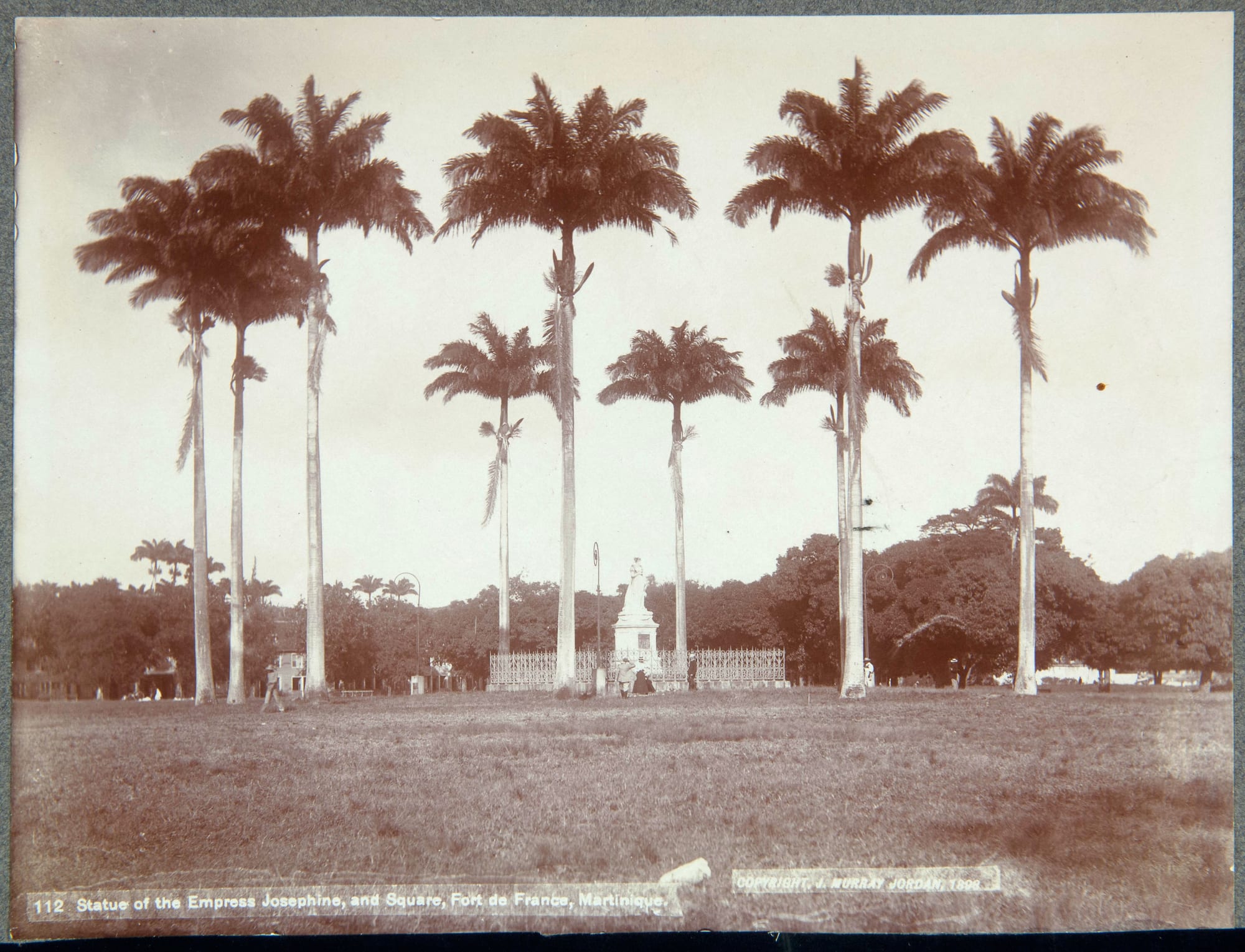An early photograph of a palm-lined square in Fort-de-France with a statue of the Empress Josephine