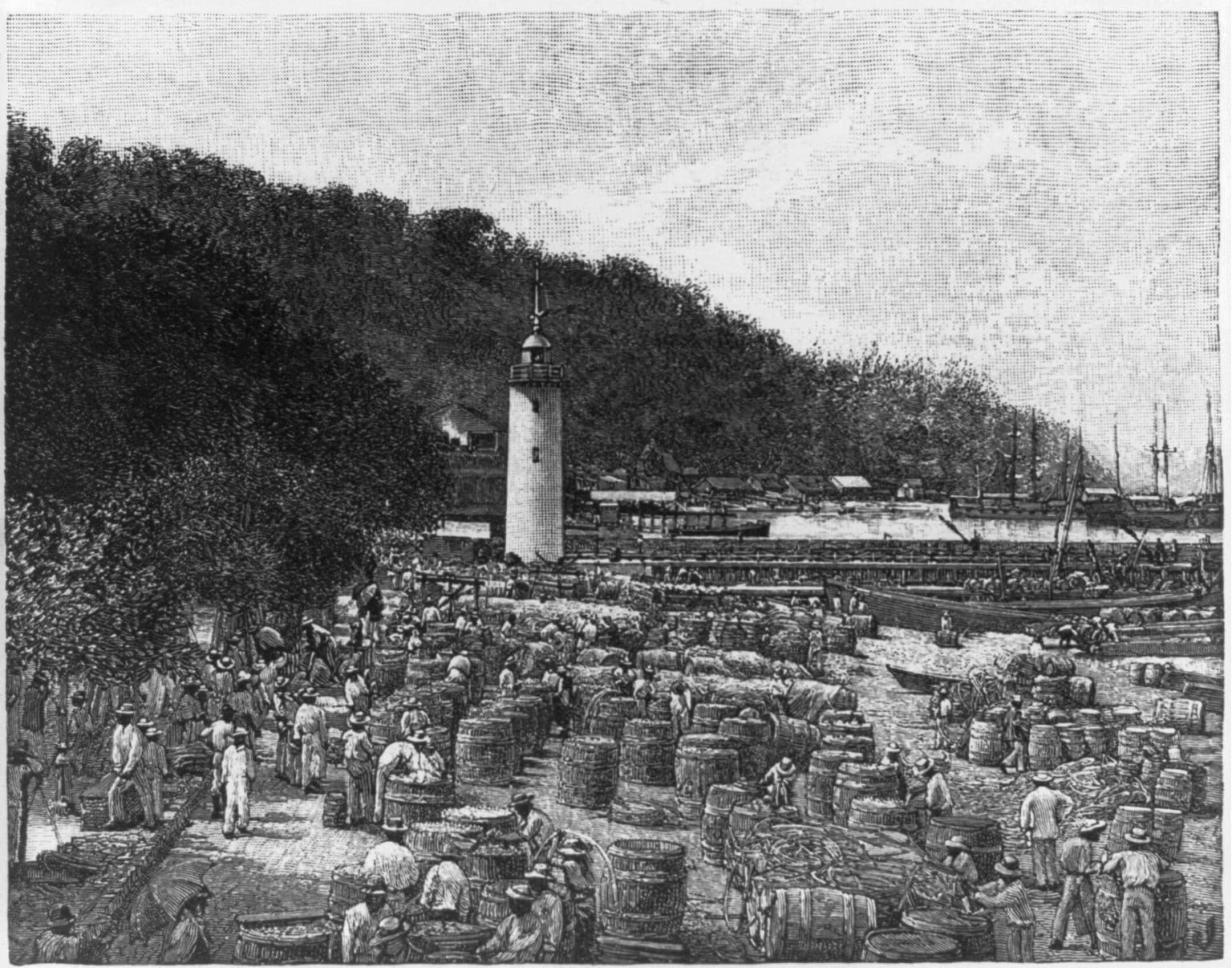 A wood engraving of a crowded quay stacked with rows of wooden barrels, workers in hats moving among them, a small white lighthouse at the water's edge and sailing ships moored beyond