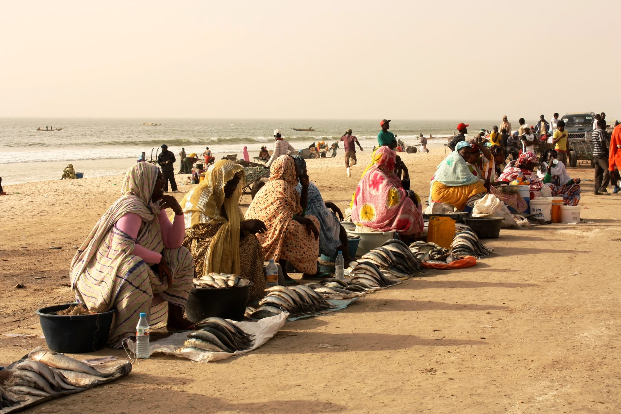 Wooden fishing boats drawn up on a beach with crowds sorting the catch at Nouakchott
