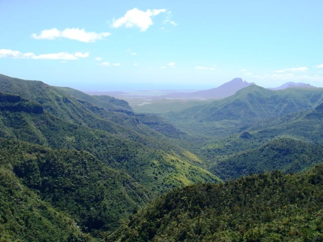 A viewpoint over a deep forested gorge and rolling green hills