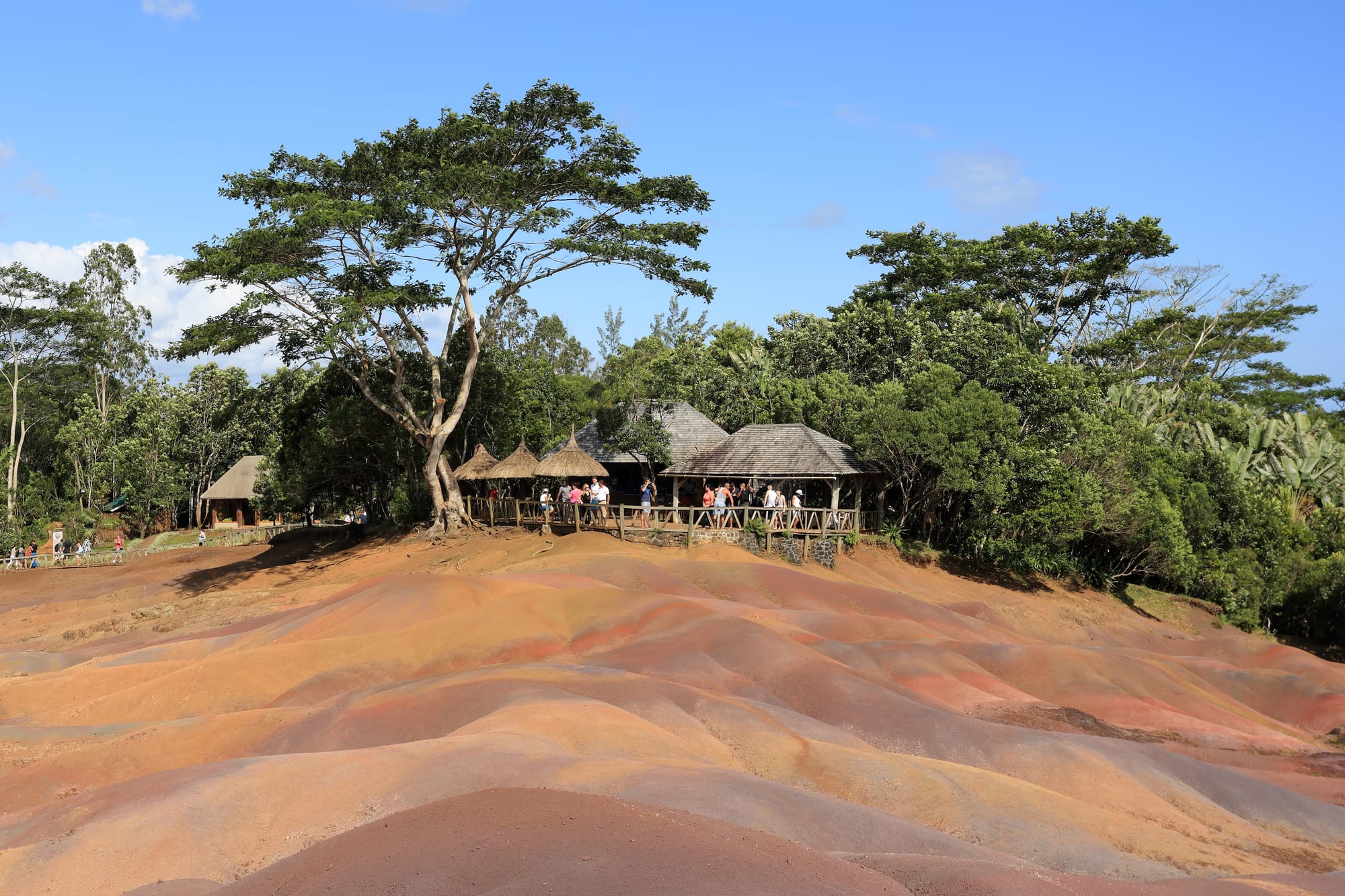 Undulating dunes of sand in distinct bands of red, brown, purple, and green