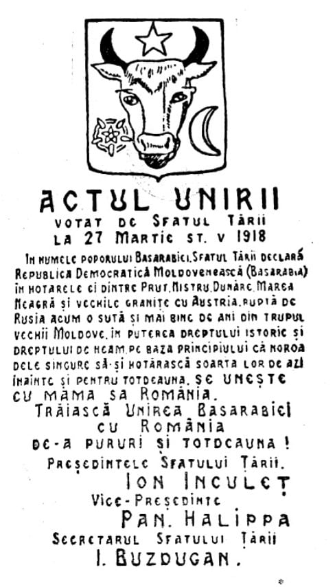 An allegorical illustration of Bessarabia joining Romania in 1918