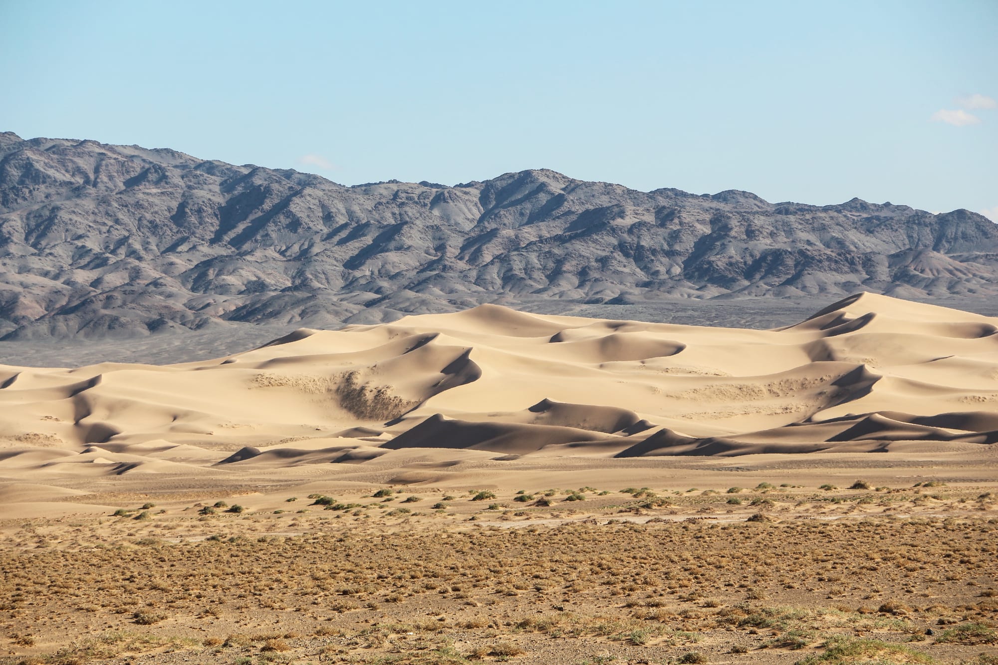 Tall golden sand dunes rising from a flat desert plain, mountains behind