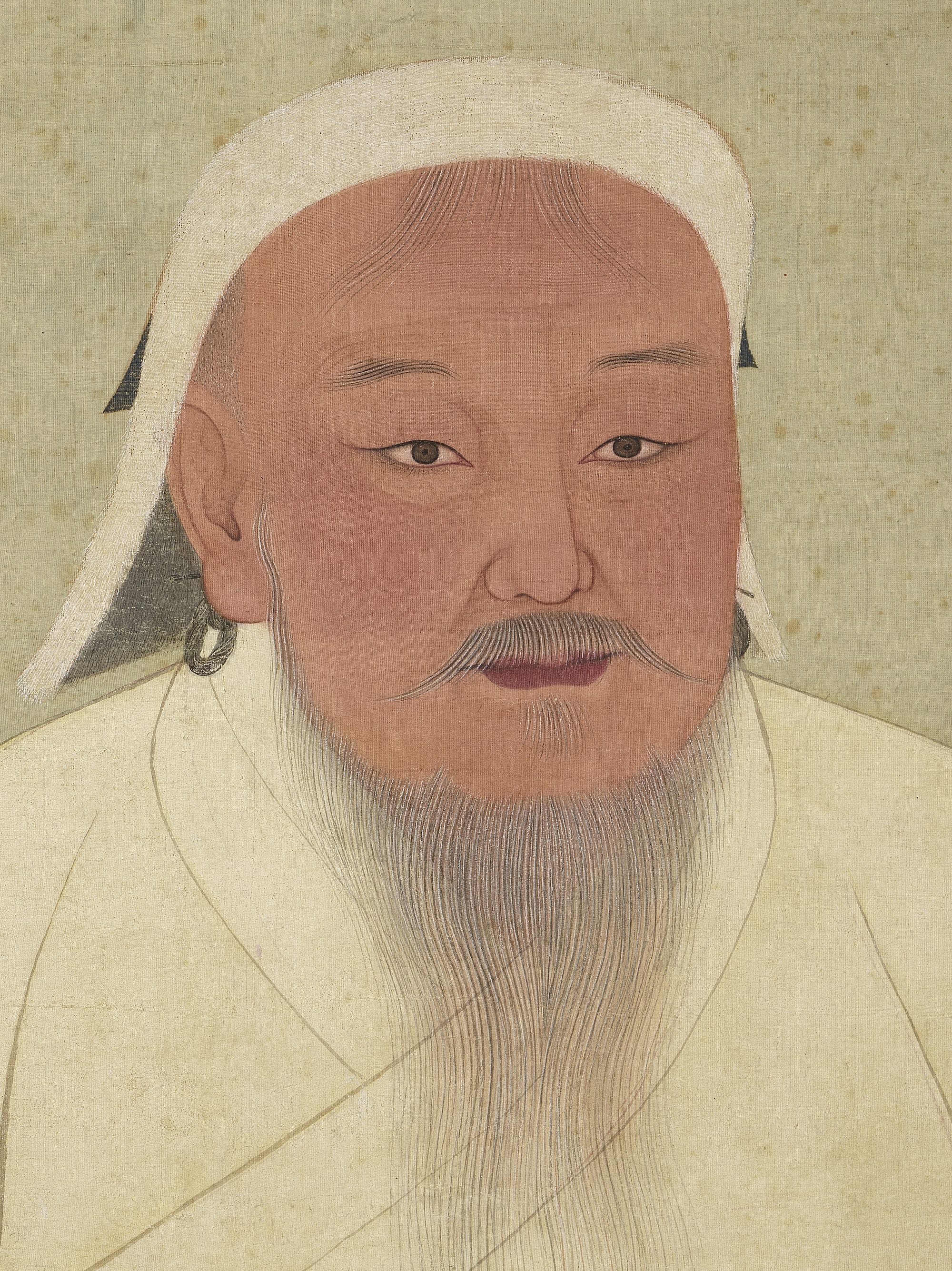 A classic ink-and-colour portrait of Genghis Khan with a white beard and simple robe