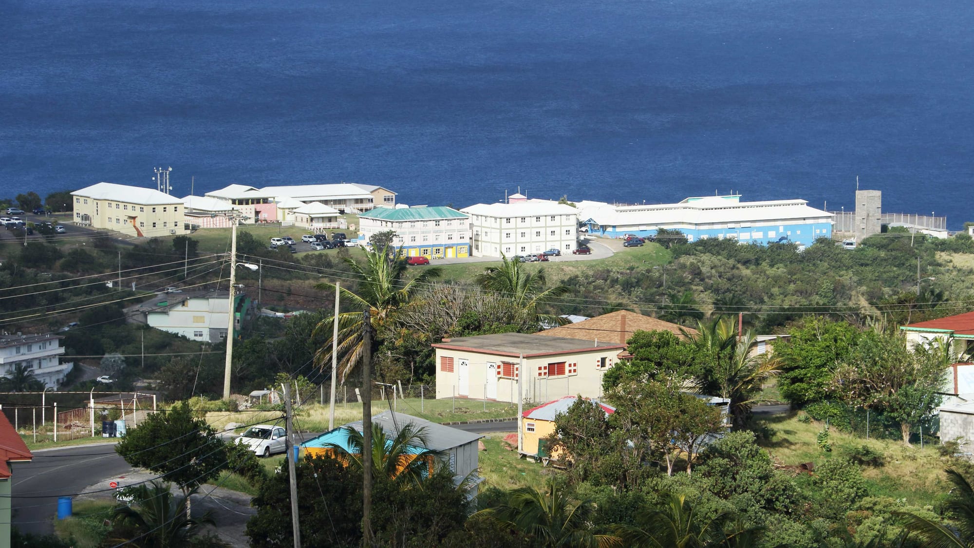 A cluster of low government and administrative buildings in Brades, Montserrat, overlooking the sea, with houses and palm trees in the foreground