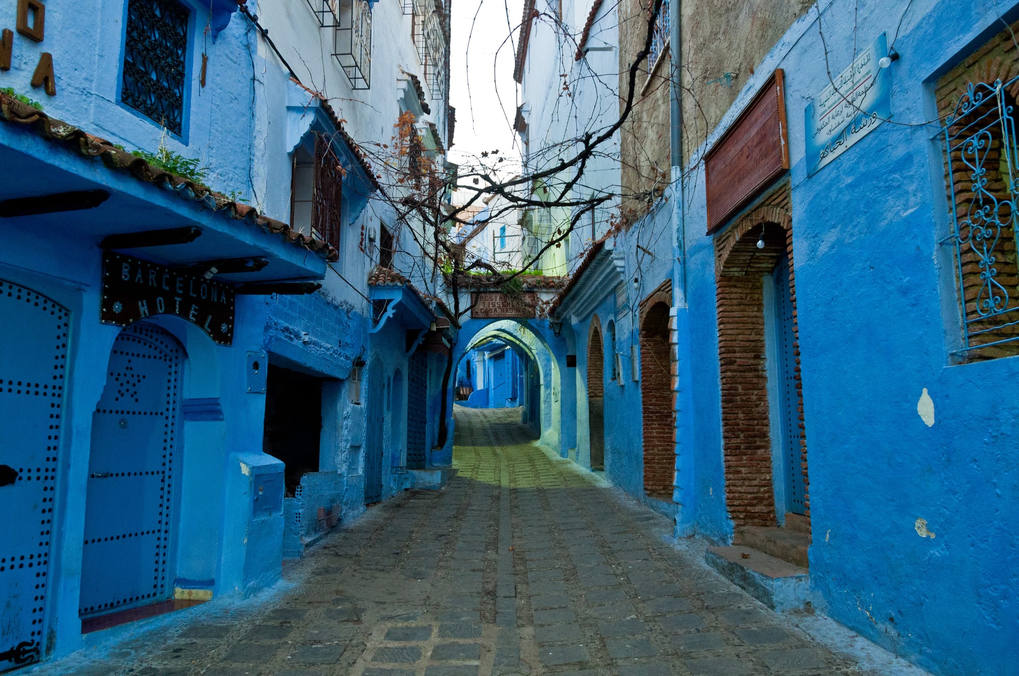 Narrow streets and stairways with every building painted in shades of blue