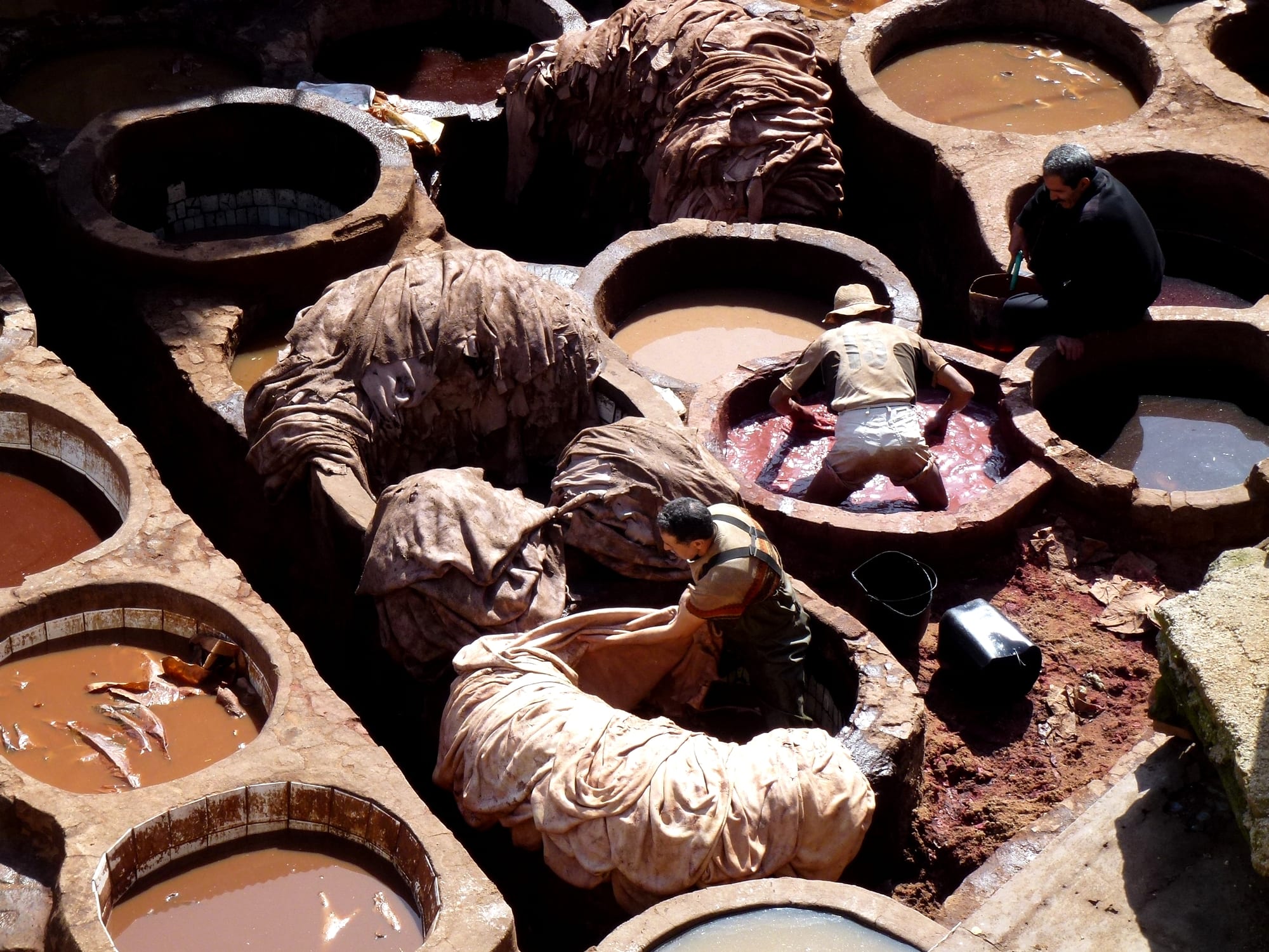 A dense honeycomb of round stone dyeing vats filled with coloured liquid in the Fez tannery