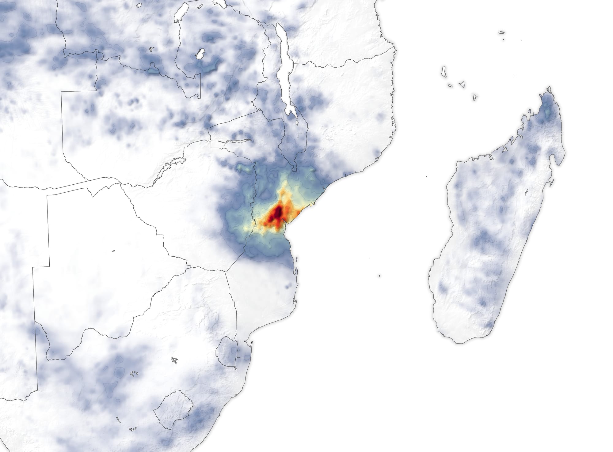 A satellite image of Cyclone Idai's flooding across central Mozambique in 2019
