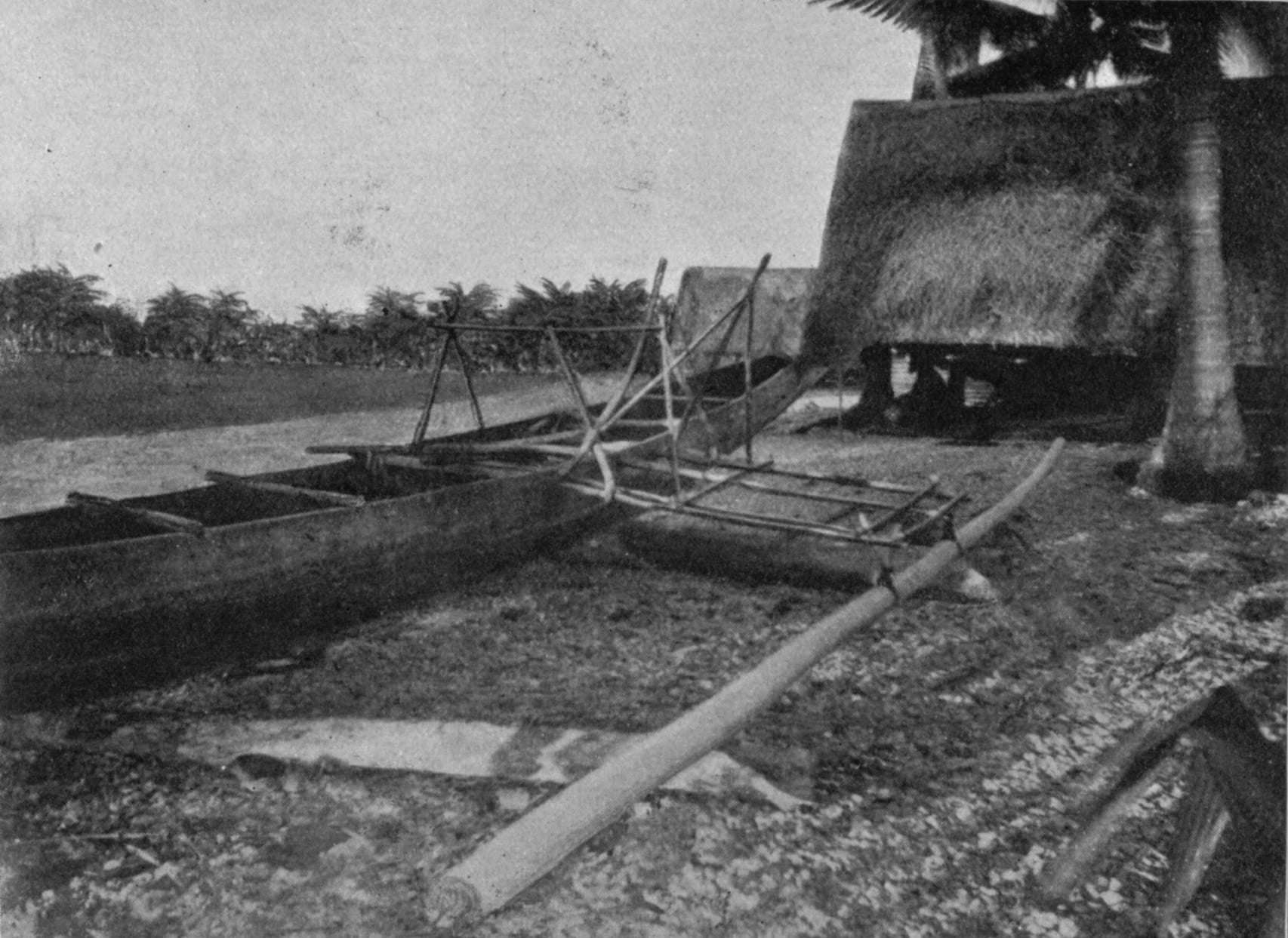 A black-and-white photograph of a dugout outrigger canoe drawn up on the ground beside steep thatched houses and a coconut palm