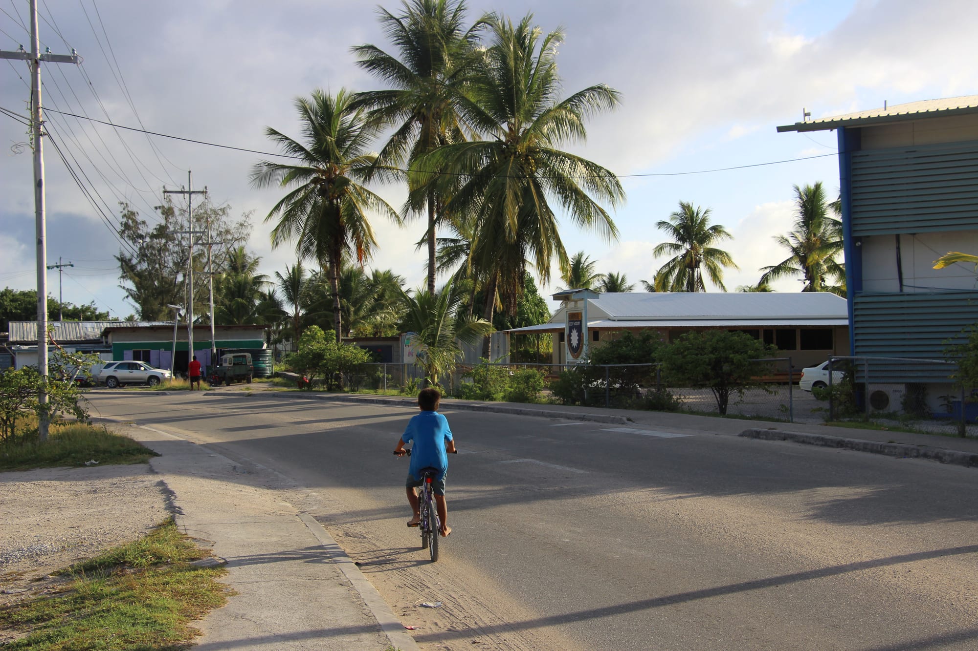 A child riding a bicycle along a road past low houses and tall coconut palms at a street junction