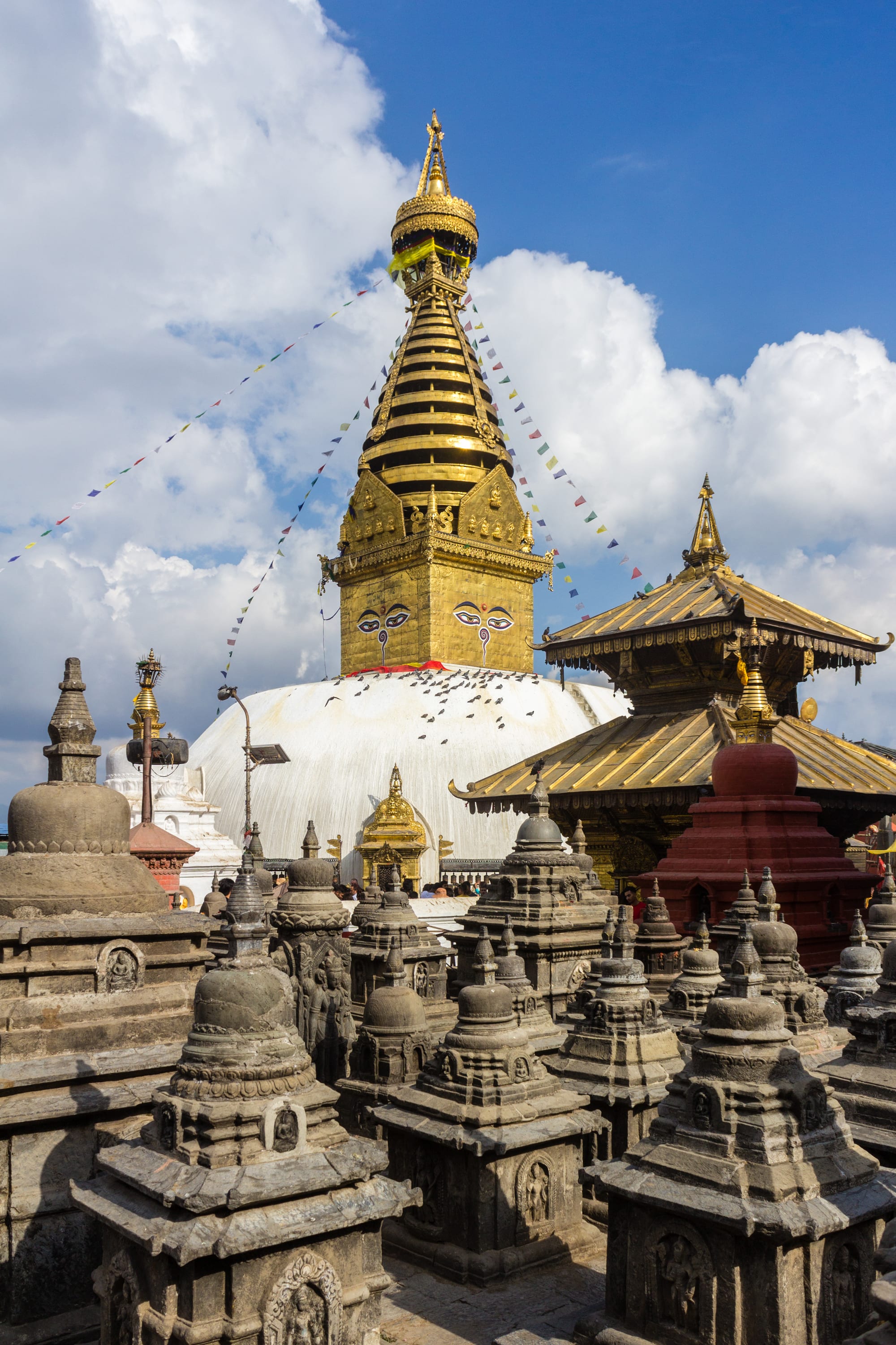 A hilltop stupa with a golden spire and painted eyes, overlooking a city