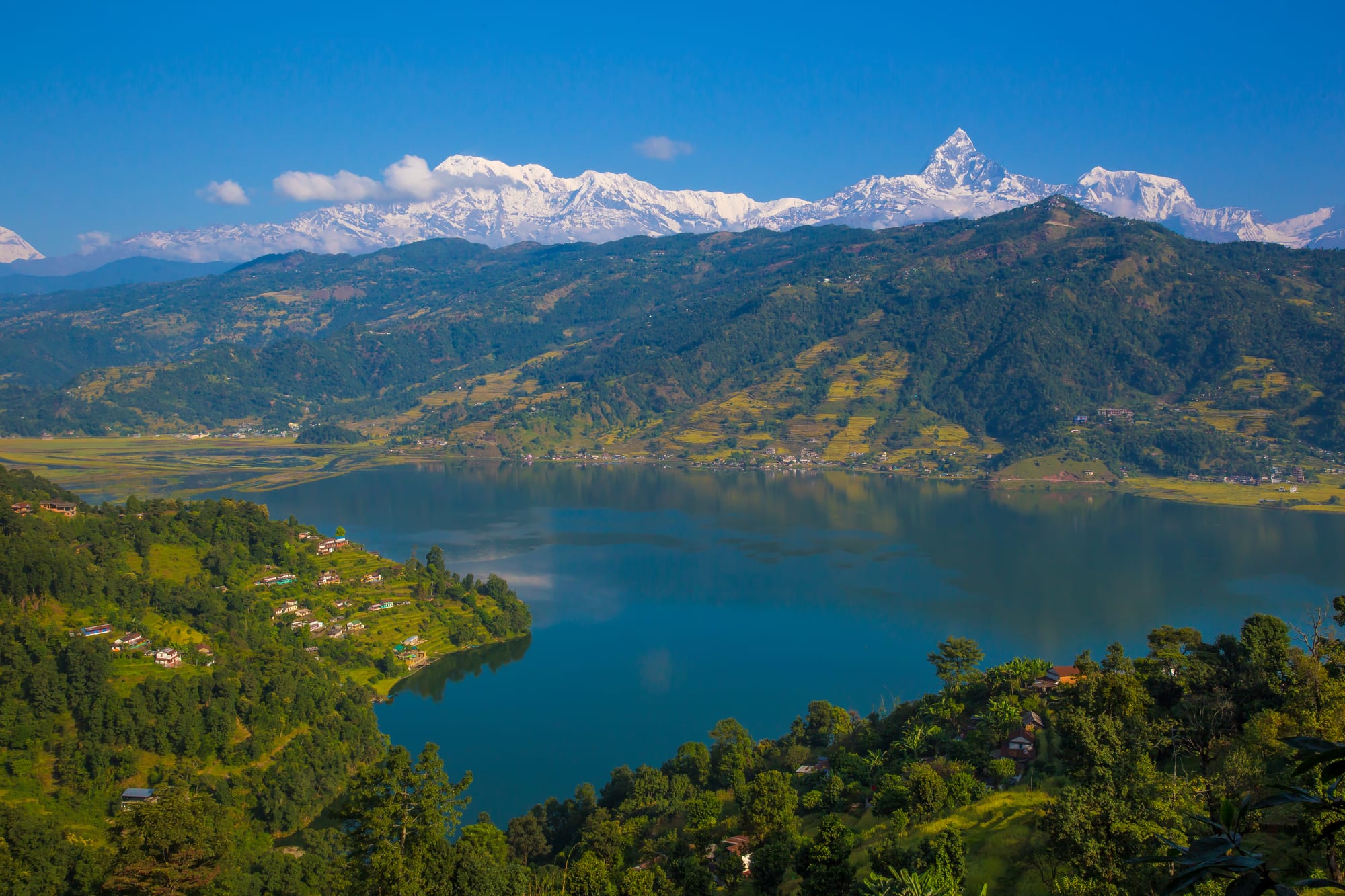 A row of jagged snow-covered Himalayan peaks reflected in a calm lake
