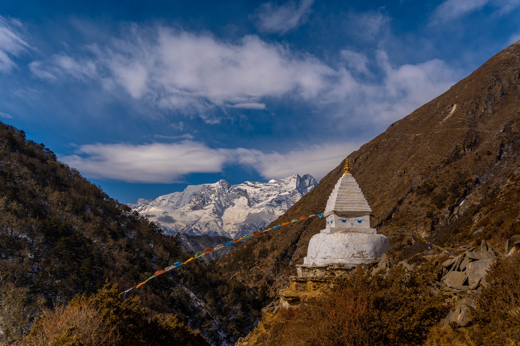 Trekkers walking a mountain trail with high snow peaks in the background