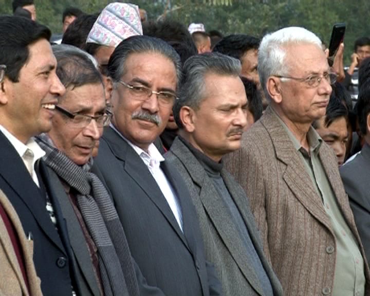 Maoist leaders Baburam Bhattarai and Prachanda at a public event