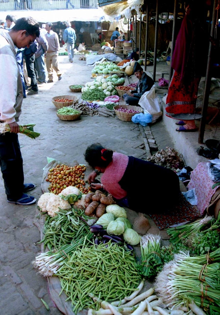 Vendors and shoppers among baskets of fresh vegetables laid out on the ground at a Kathmandu street market