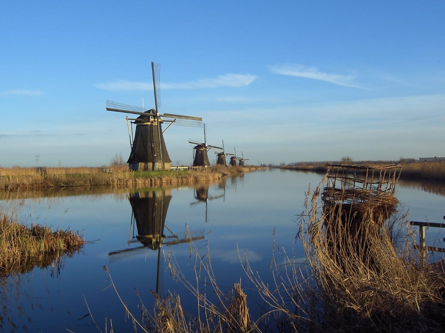 A row of traditional Dutch windmills along a canal under a wide sky