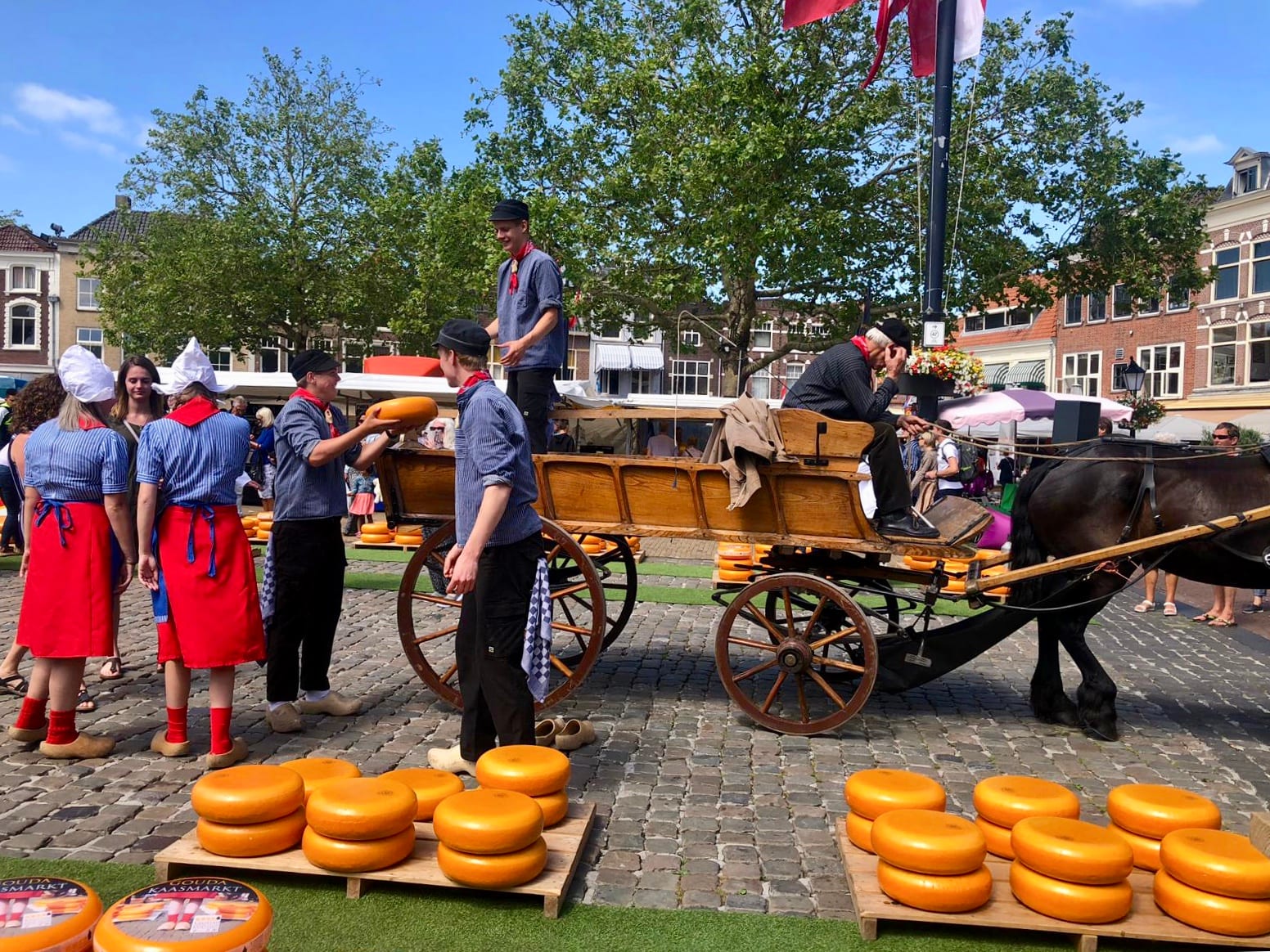 Traditionally dressed cheese carriers and wheels of Gouda cheese on display at an outdoor market