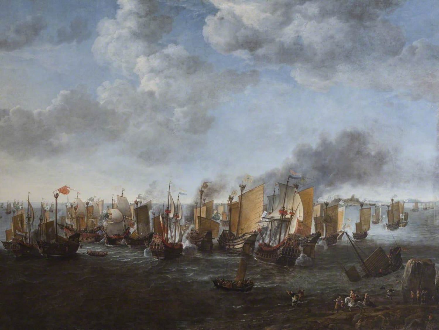A 17th-century marine painting of Dutch warships firing on Chinese junks