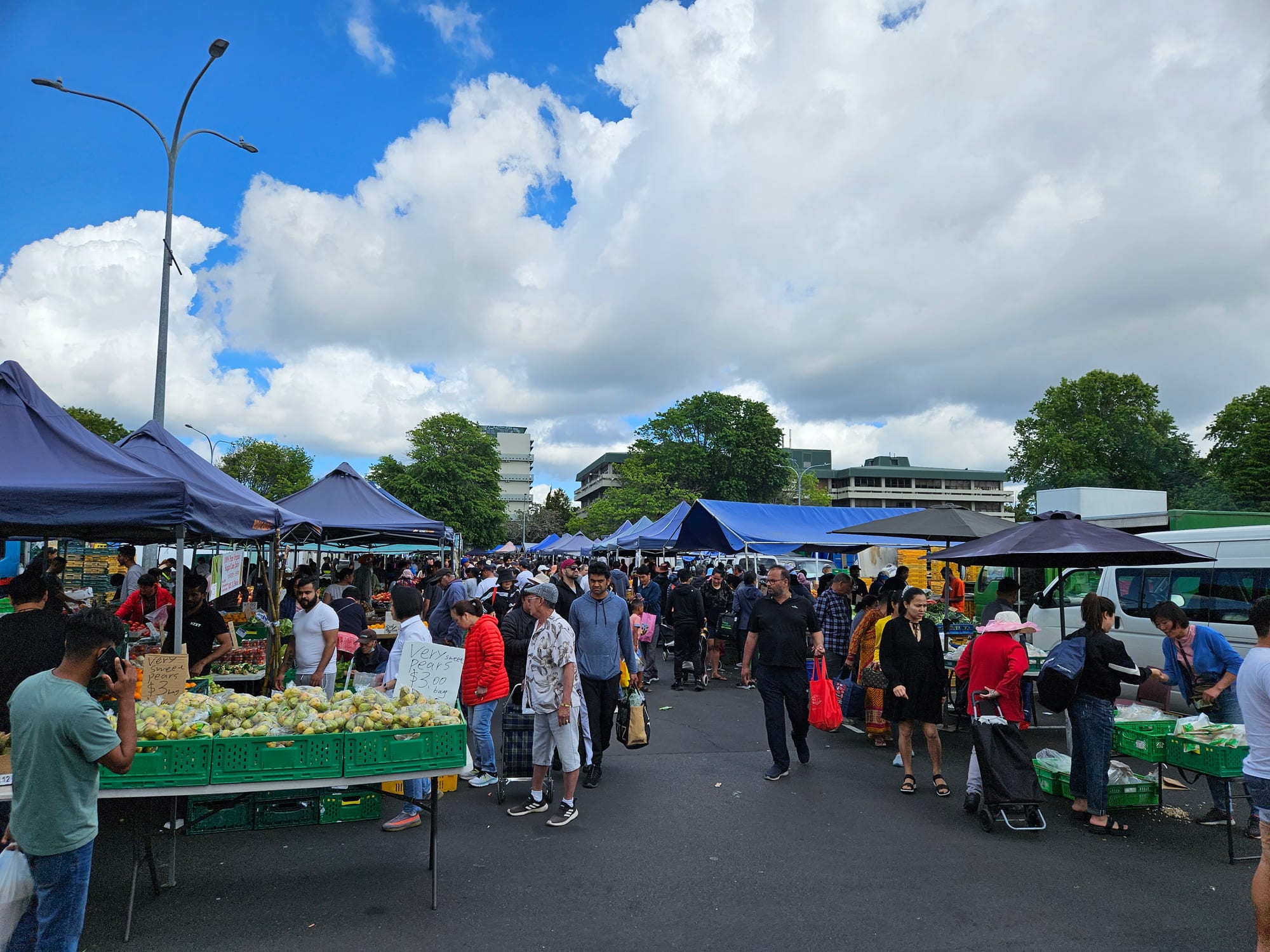A crowded outdoor market under a partly cloudy sky, with stalls of fresh produce and dozens of shoppers walking between them