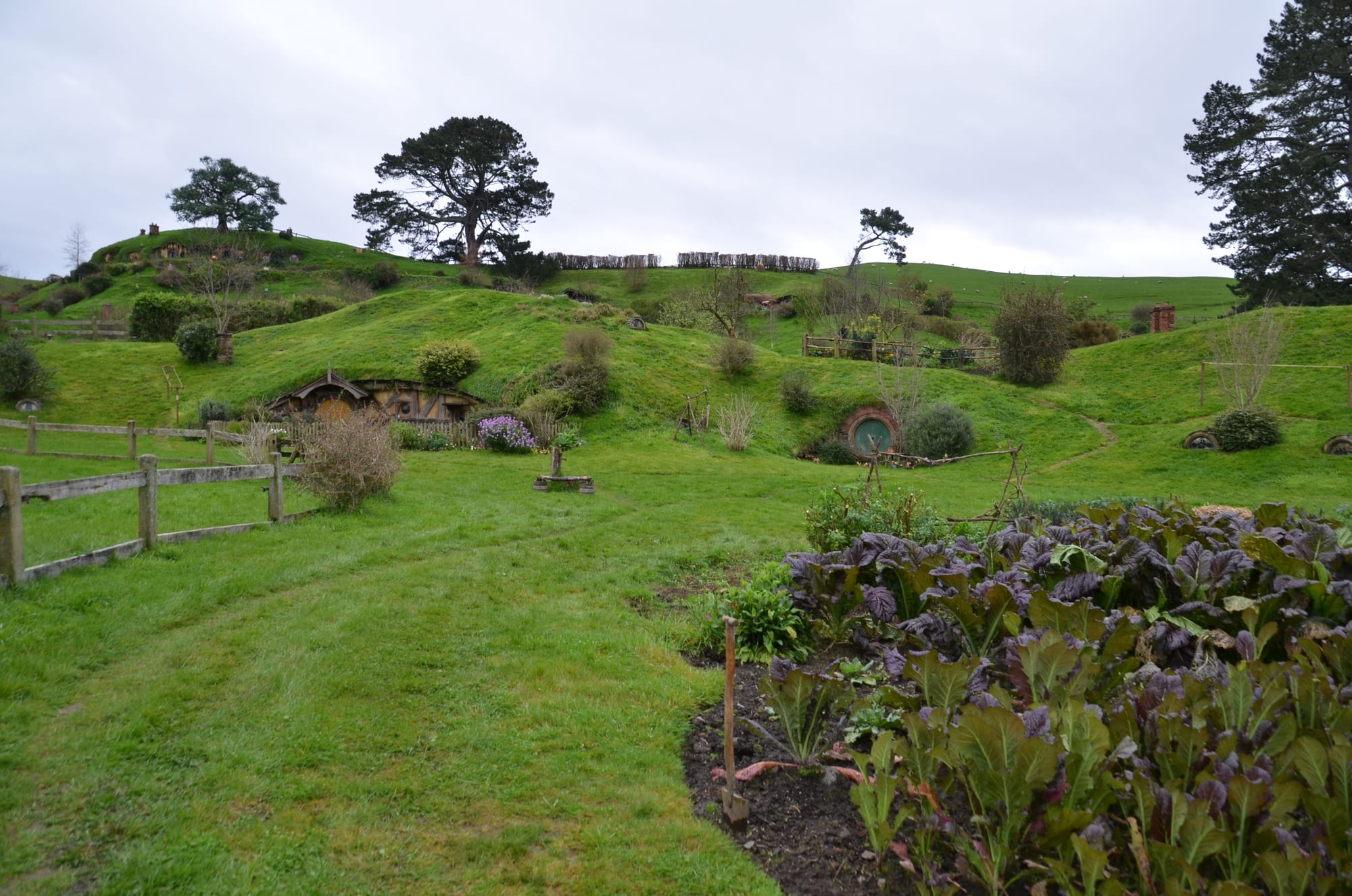 Small round doors set into grassy hillsides in a rural garden setting
