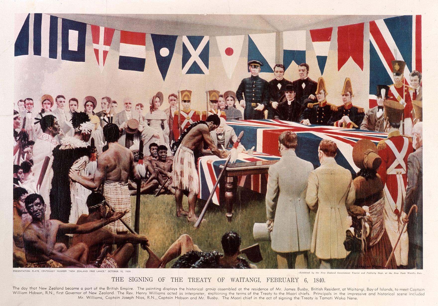 A 20th-century painting showing British officials and Māori chiefs gathered on a lawn for the treaty signing in 1840