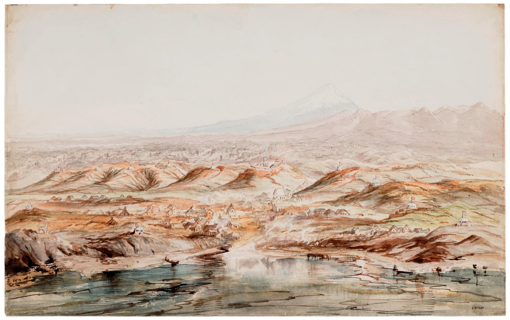 A 19th-century watercolour of the small settlement of New Plymouth with Mount Taranaki behind