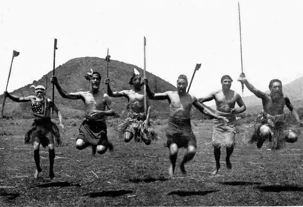 A historical illustration of a group of Māori men performing a haka