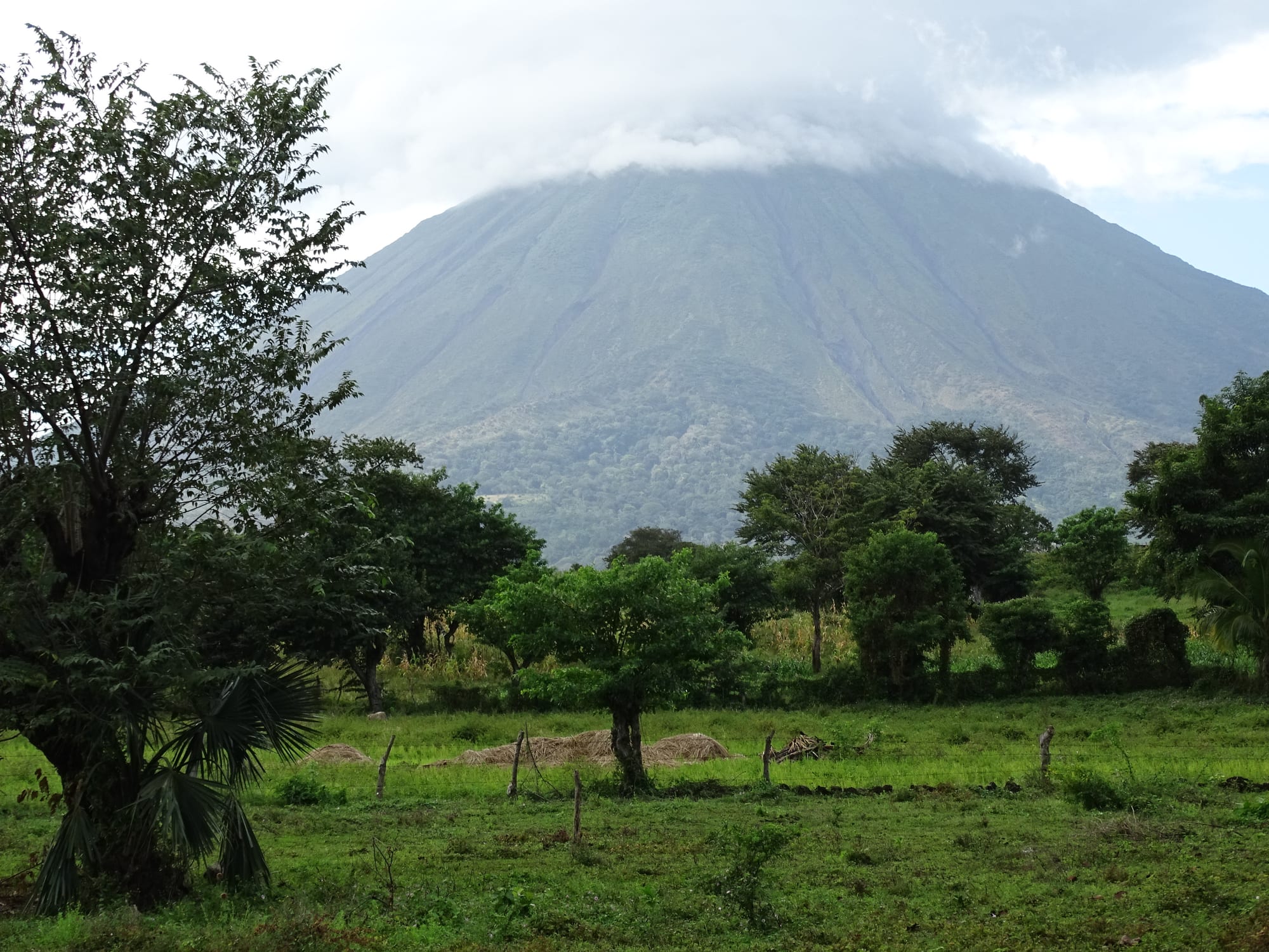 A large volcanic cone rising above farmland and a lake shore