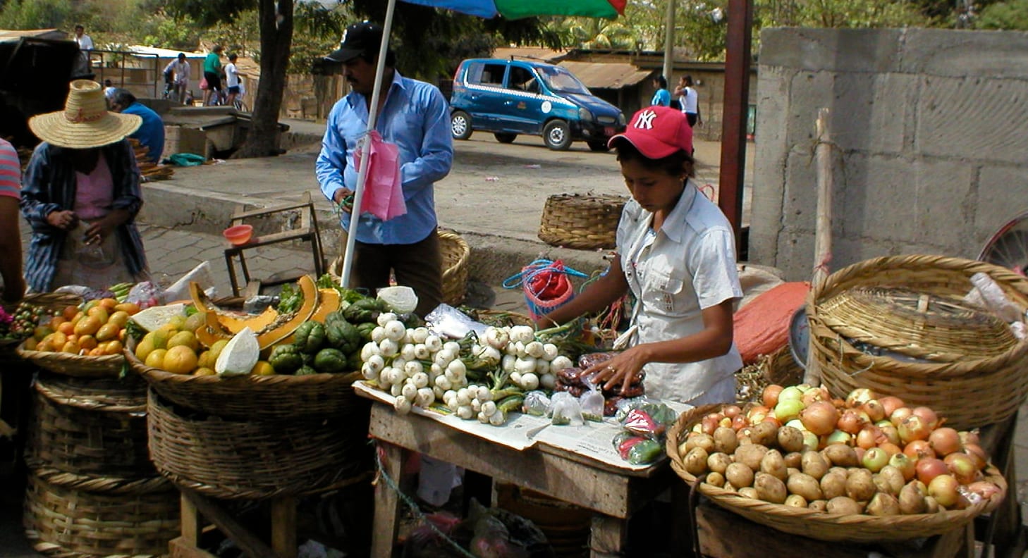 A market vendor selling baskets of oranges, squash, garlic, potatoes and tomatoes