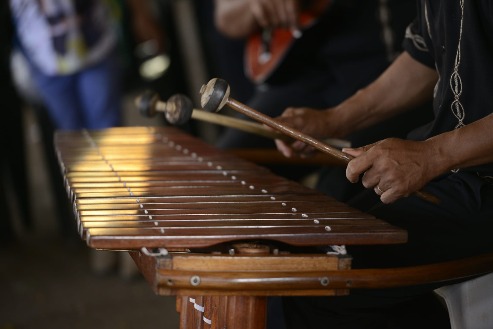 Close view of a musician's hands holding wooden mallets over the wooden keys of a marimba, with other musicians blurred in the background