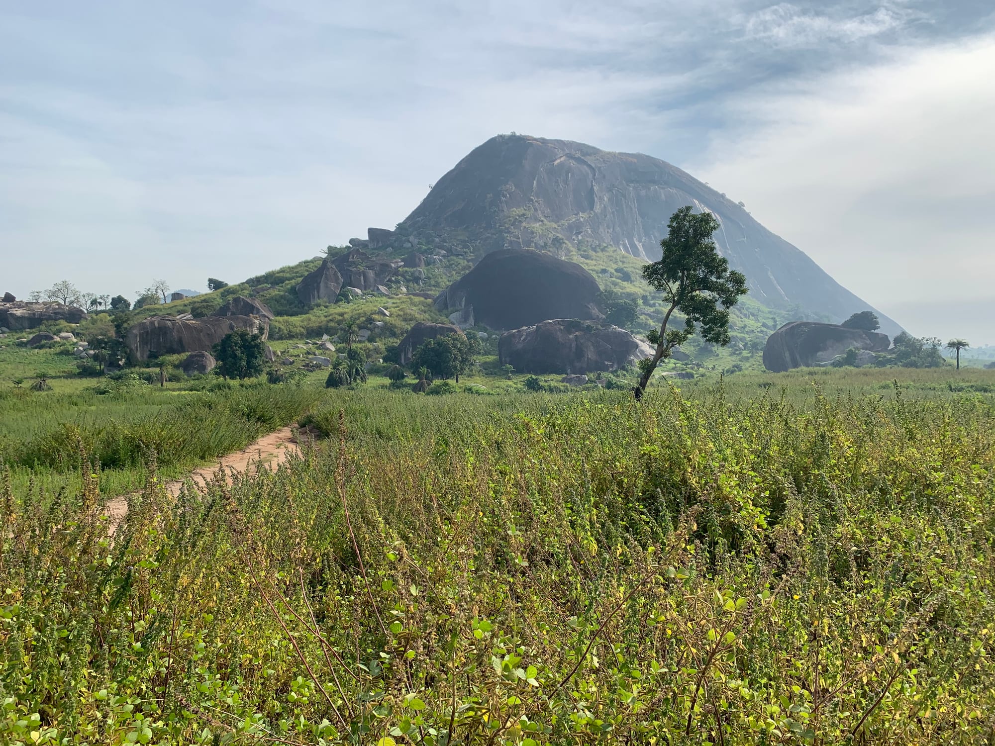 A massive dome-shaped granite monolith rising abruptly from flat land