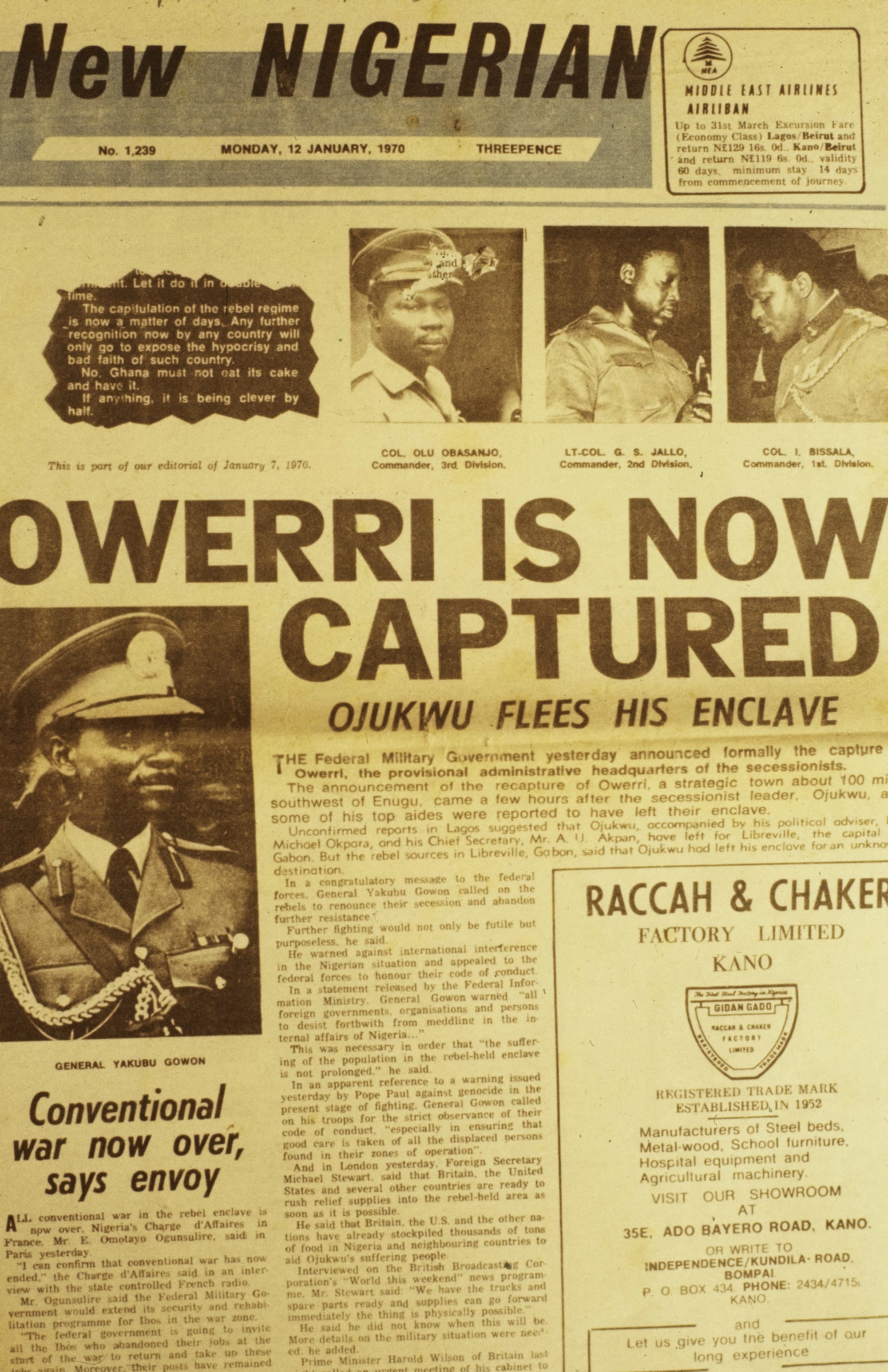 A front page of the New Nigerian newspaper from January 1970 reporting the end of the civil war