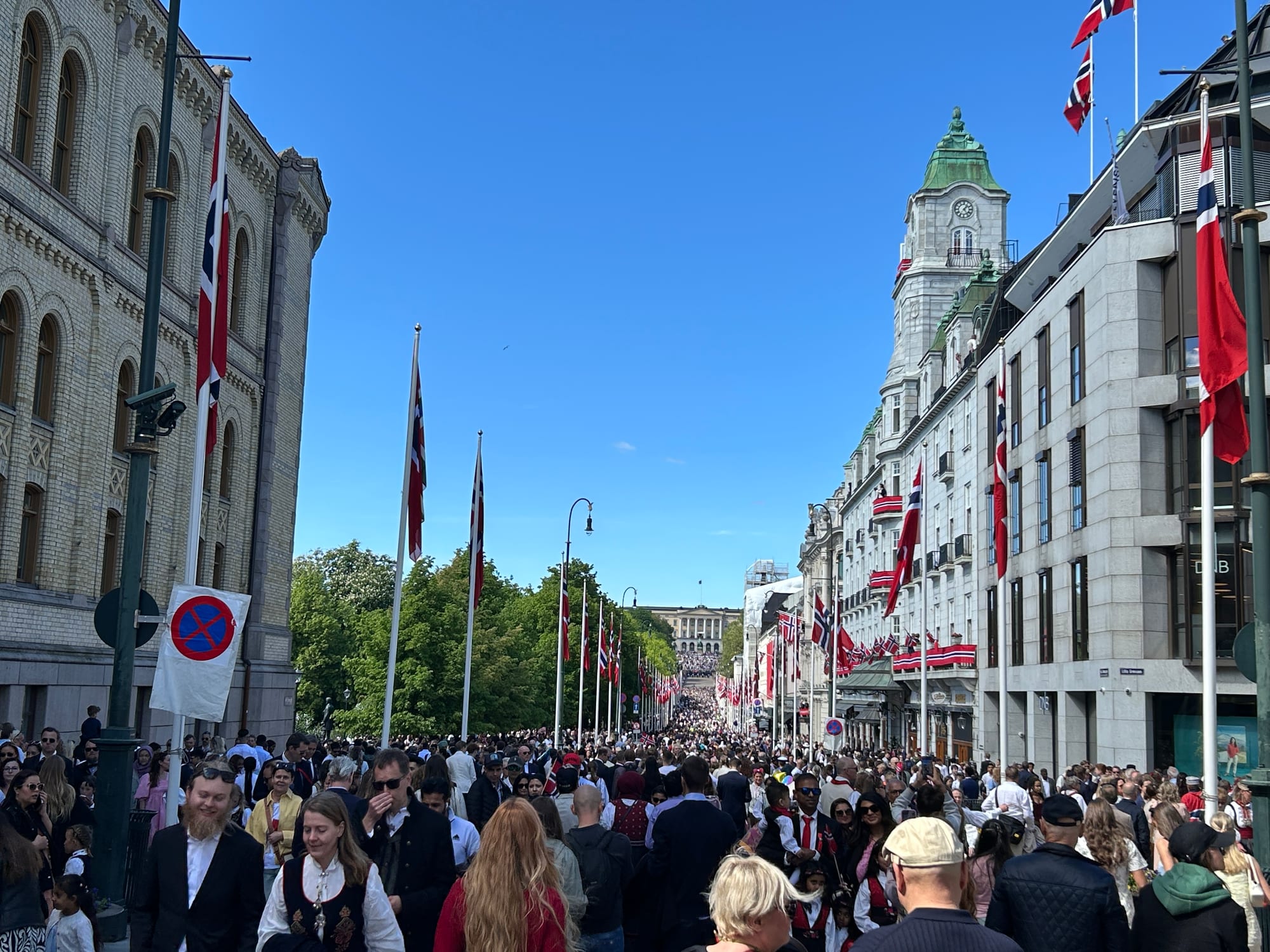 A broad city street packed with people, some in bunad, lined with tall flagpoles flying Norwegian flags, with a large palace visible at the far end