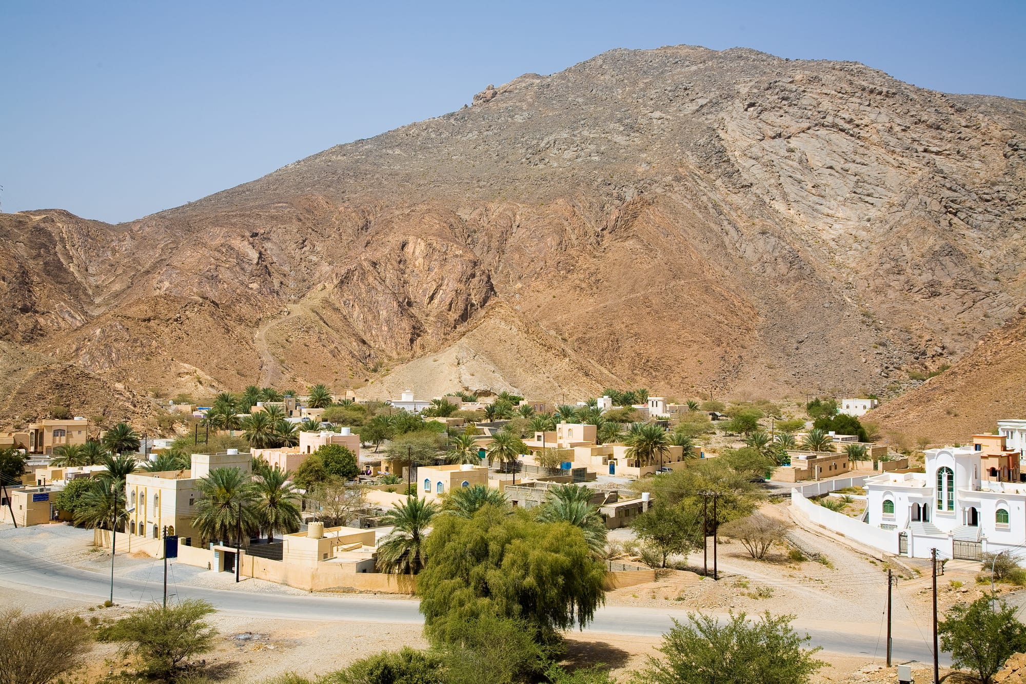 A village of low sandstone and white houses among date palms at the foot of a large bare mountain range